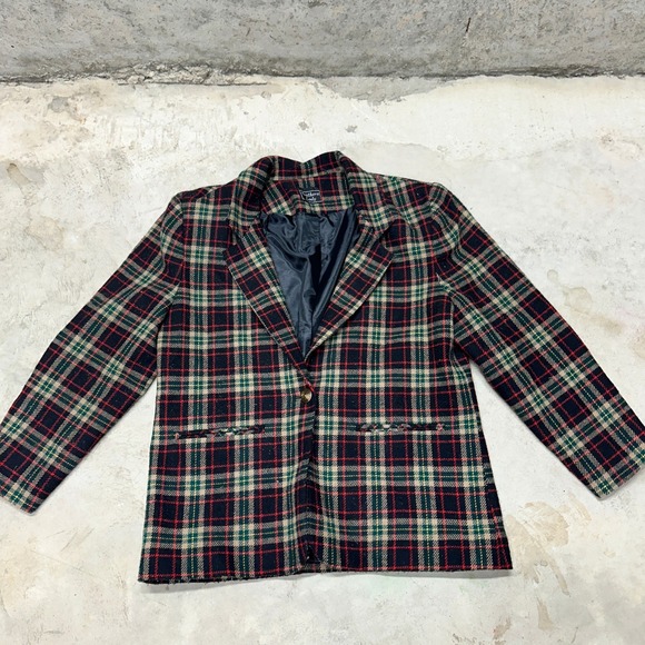 Southern Lady Jackets & Blazers - Southern Lady Blazer Plaid Wool Blend‎ Green Red Made in USA Vintage 7/8 Coat